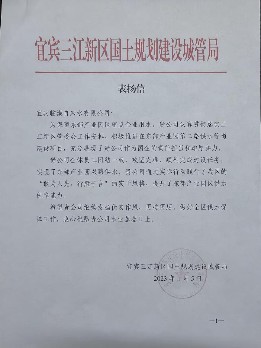 敢為人先 行勝于言 ——臨港公司獲三江新區(qū)國(guó)土規(guī)劃建設(shè)城管局表?yè)P(yáng)信